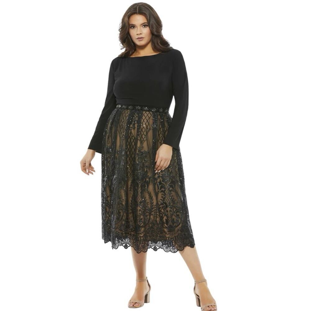 NWT MAC DUGGAL Womens Long Sleeve Mixed Media Lace Beaded Embellished Midi Dress